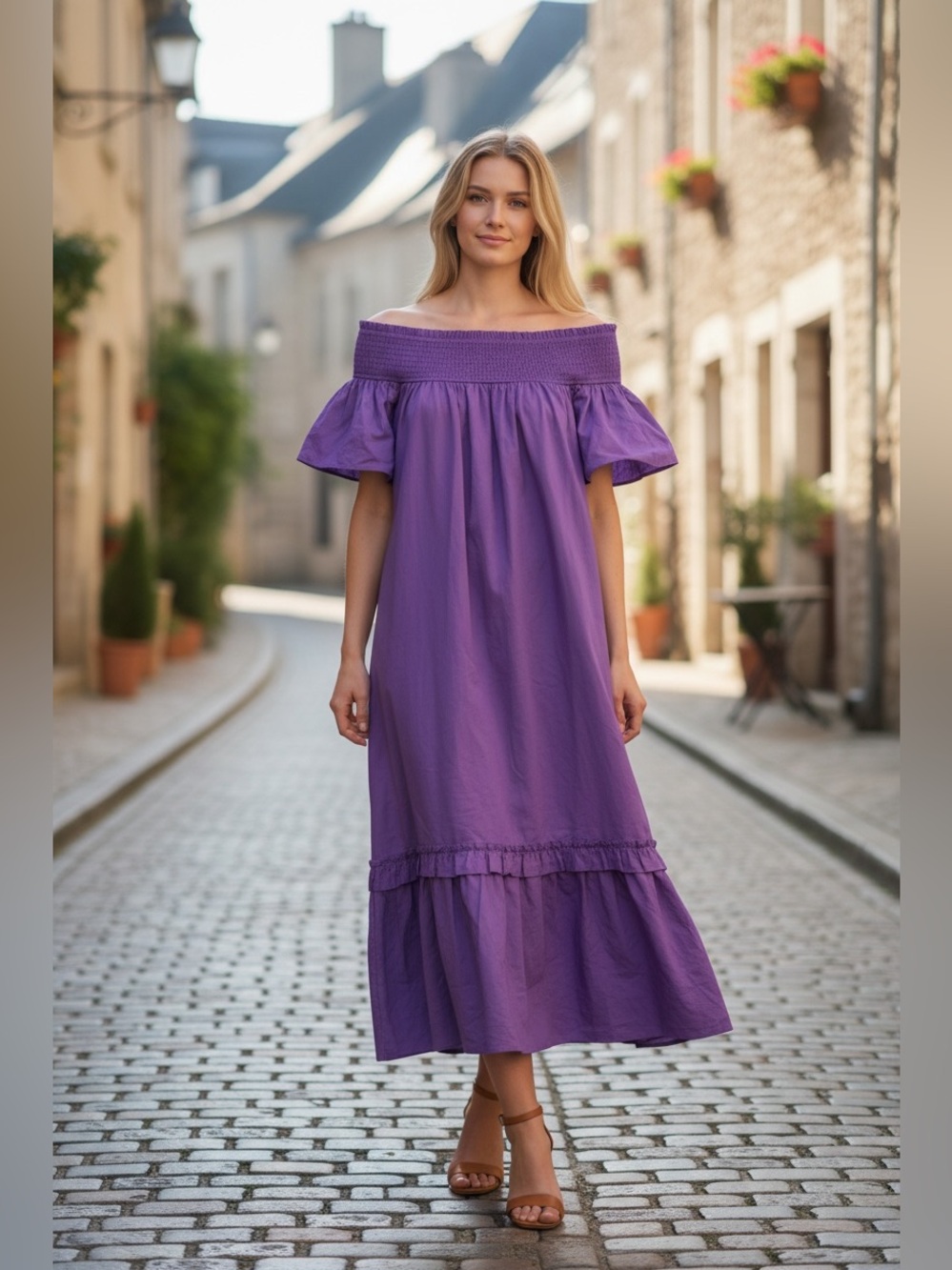 Hyacinth House tuckernuck Off-Shoulder Purple Smocked Midi Dress size XS